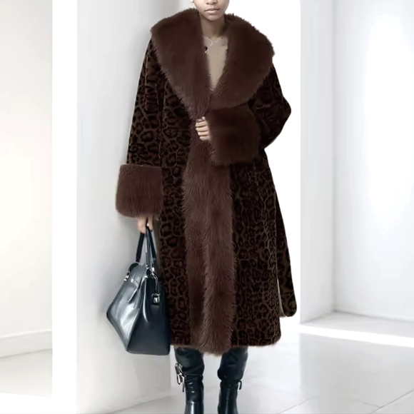 Jackets & Blazers - Brown Leopard Print Big Size Long Faux Fur Jacket For Women Lapel Long Sleeve